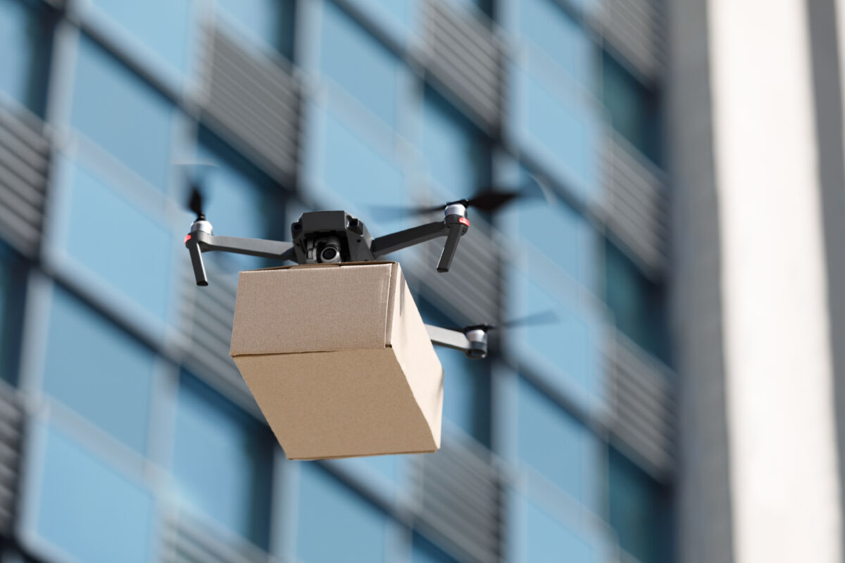 Fast,Air,Shipping,,Contactless,And,Safe,Delivery.,Drone,Flying,Through