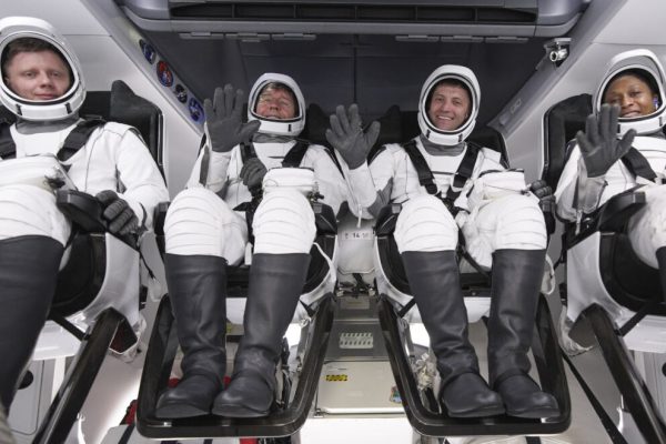 March 3, 2024, Cape Canaveral, Fl, United States of America: The SpaceX Crew-8 astronauts wearing SpaceX spacesuits, wave from inside the Crew Dragon capsule as they prepare for lift off on Launch Complex 39A at Kennedy Space Center, March 3, 2024 in Cape Canaveral, Florida. Sitting from left: Roscosmos cosmonaut Alexander Grebenkin, NASA astronauts Michael Barratt, Matthew Dominick, and Jeanette Epps. (Credit Image: © Spacex/Nasa/Planet Pix via ZUMA Press Wire)